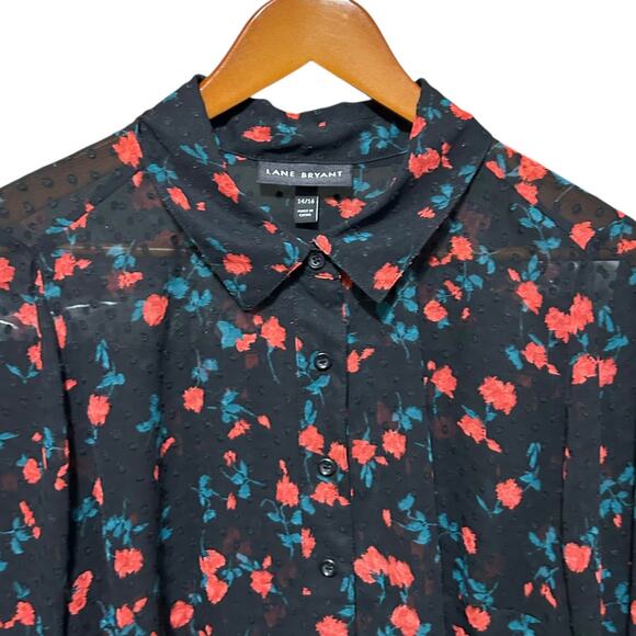 Lane Bryant Womens Boho Blouse 14/16 Black Floral Swiss Dot Sheer Whimsigoth‎ - Picture 8 of 9